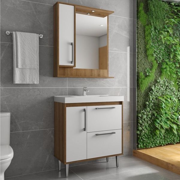 Gabinete Banheiro com Cuba e Espelheira 80cm Multimóveis CR10065 Mel/Branco