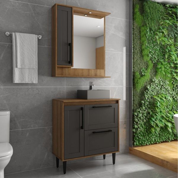 Gabinete Banheiro com Cuba e Espelheira 80cm Multimóveis CR10066 Mel/Grafite