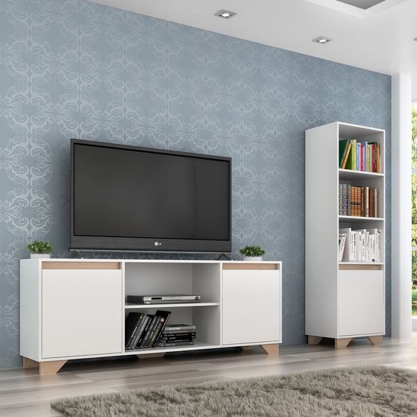 Conjunto Rack TV 60" e Livreiro Multimóveis CR45107 Branco/Siena