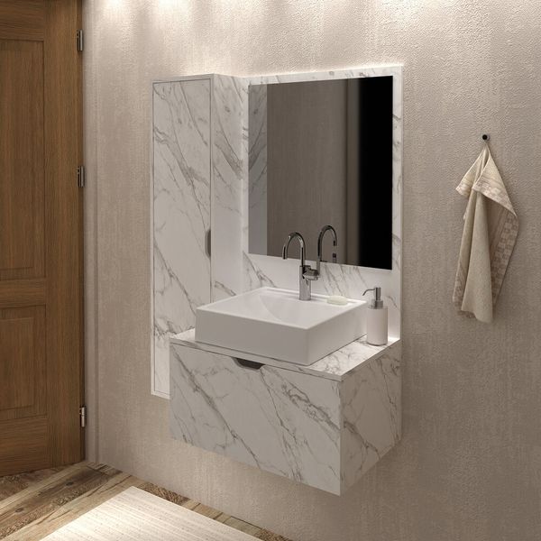 Gabinete Banheiro com Espelheira 2 Portas Suspenso Multimóveis CR10084 Mármore Branco