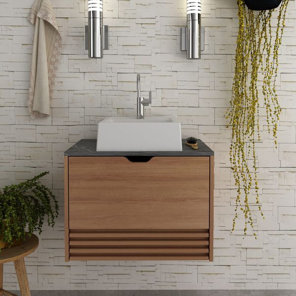 Gabinete Banheiro 1 Porta 1 Gaveta 60cm Suspenso Multimóveis CR10091 Amêndoa/Mármore Lunar