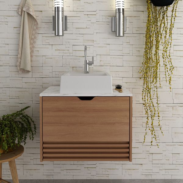Gabinete Banheiro 1 Porta 1 Gaveta 60cm Suspenso Multimóveis CR10091 Amêndoa/Mármore Branco
