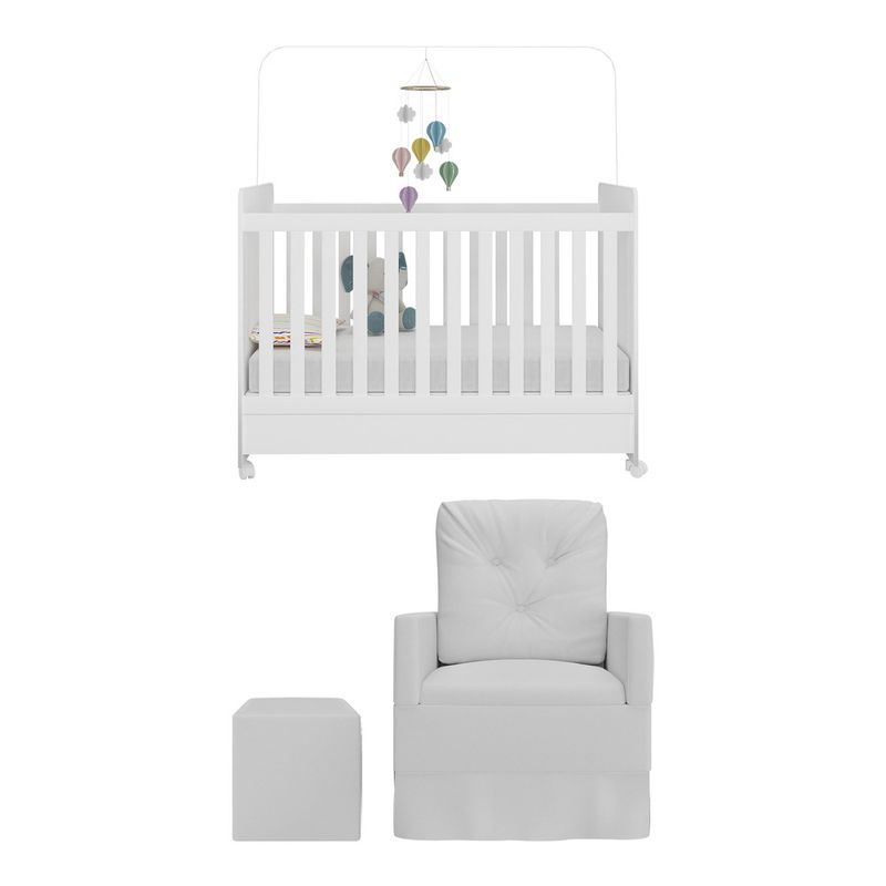 Berço Cômoda com Colchão, Poltrona de Amamentação e Puff Meu Bebê  Multimóveis MP4108 Branco