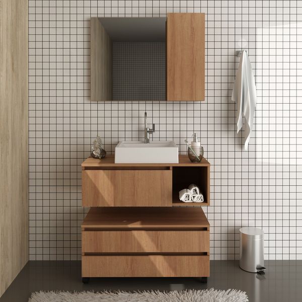 Gabinete de Banheiro com Cuba e Espelheira 80cm Multimóveis CR10094 Amêndoa