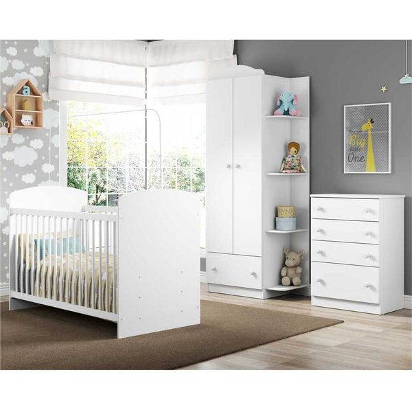 Quarto Infantil Completo João e Maria Multimóveis com Colchão, Berço, Guarda Roupa e Cômoda Bco/Col