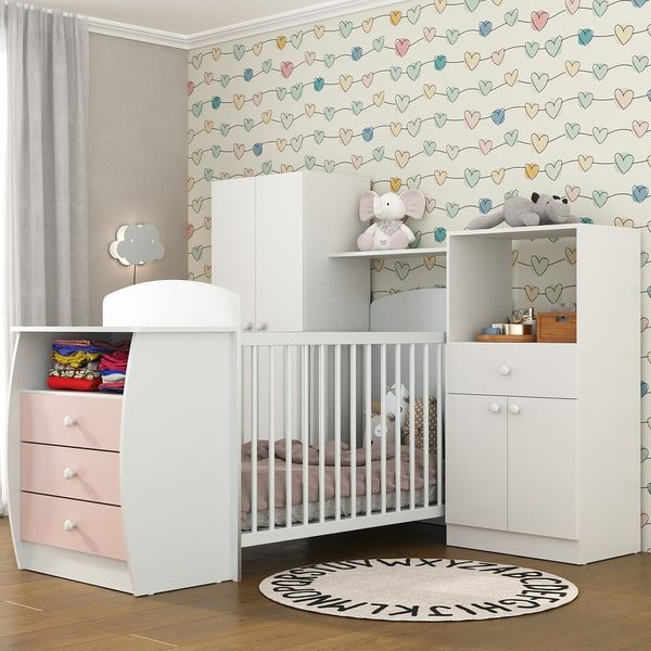 Quarto Infantil com Berço-Cômoda e Colchão Incluso Laura Multimóveis Branco/Rosa