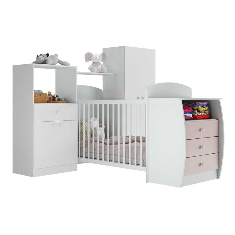 quarto-infantil-com-berco-comoda-e-colchao-incluso-laura-multimoveis-branco-rosa