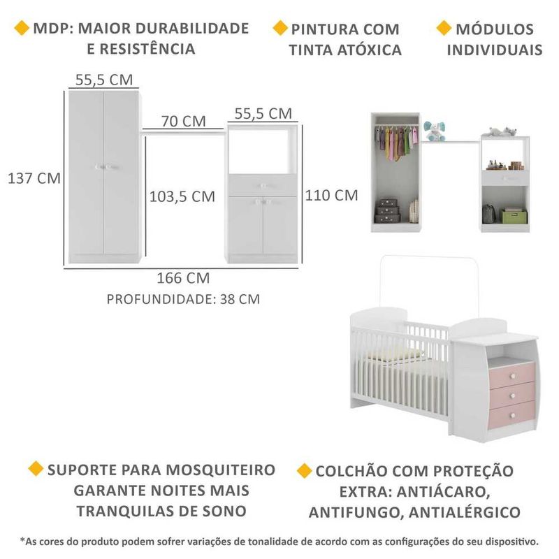 quarto-infantil-com-berco-comoda-e-colchao-incluso-laura-multimoveis-branco-rosa