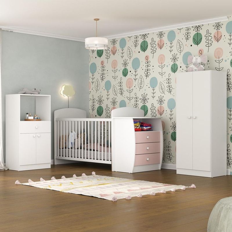 quarto-infantil-com-berco-comoda-e-colchao-incluso-laura-multimoveis-branco-rosa