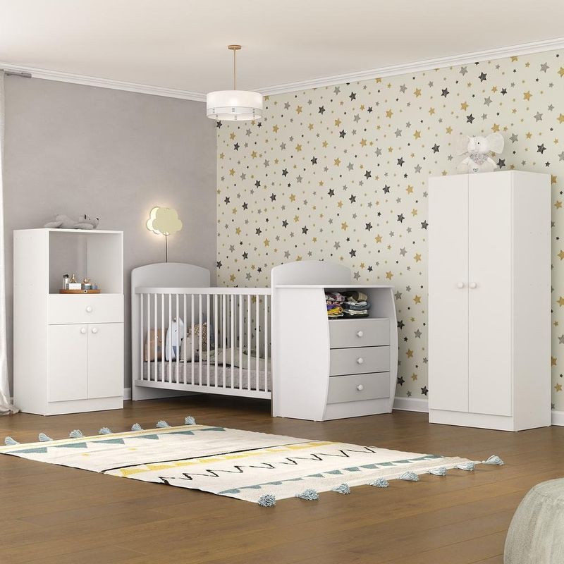 quarto-infantil-com-berco-comoda-e-colchao-incluso-laura-multimoveis-branco-cinza