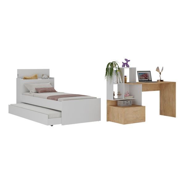 Conjunto Quarto Bicama com Baú e Escrivaninha Multimóveis MP4122 Branco/Rustic