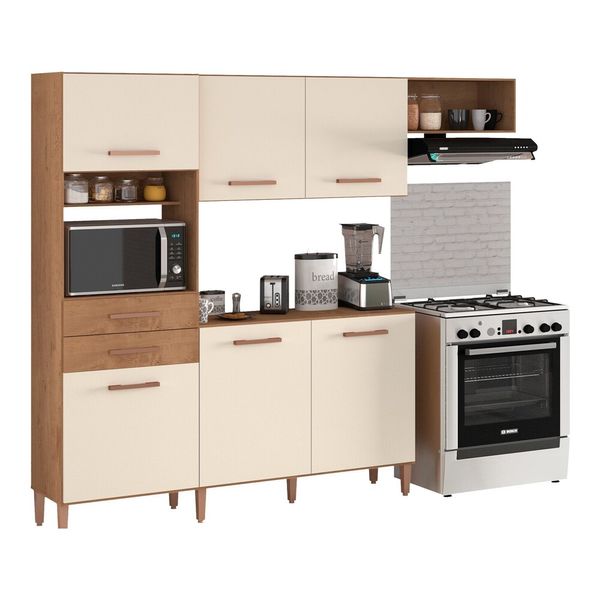 Cozinha Completa Compacta 3 Pçs 225cm Multimóveis CR20110 Canelato Rústico/Natura Off White