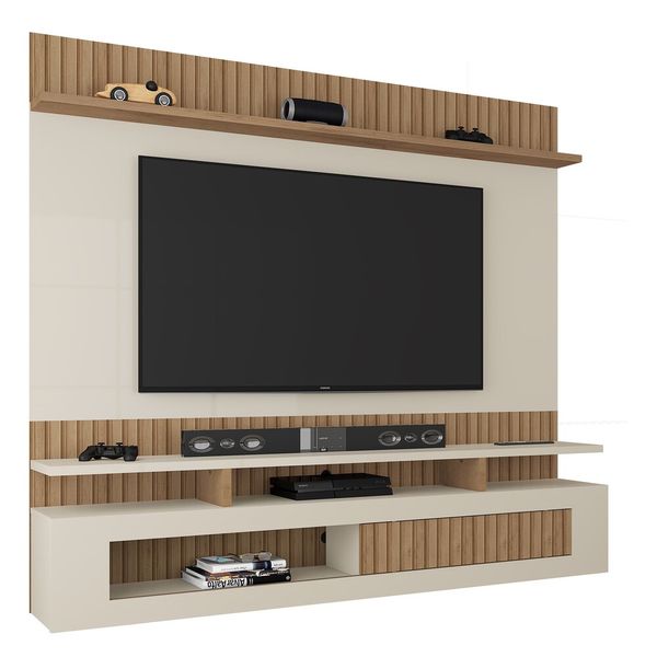 Painel TV até 65" com Porta Flex de Vidro Multimóveis CR45207 Canelato Rústico 3D/Natura Off White