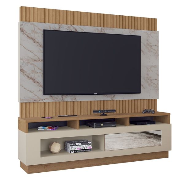 Rack com Painel TV até 65" com 1 Porta Multimóveis CR45212 Canelato Rústico 3D/Granit/Natura Off White