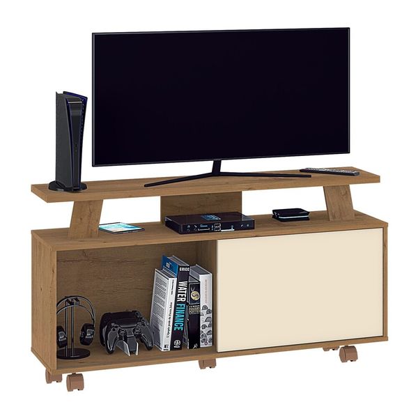 Rack TV até 55" com 1 Porta e Rodízios Multimóveis CR45217 Canelato Rústico/Natura Off White 3D