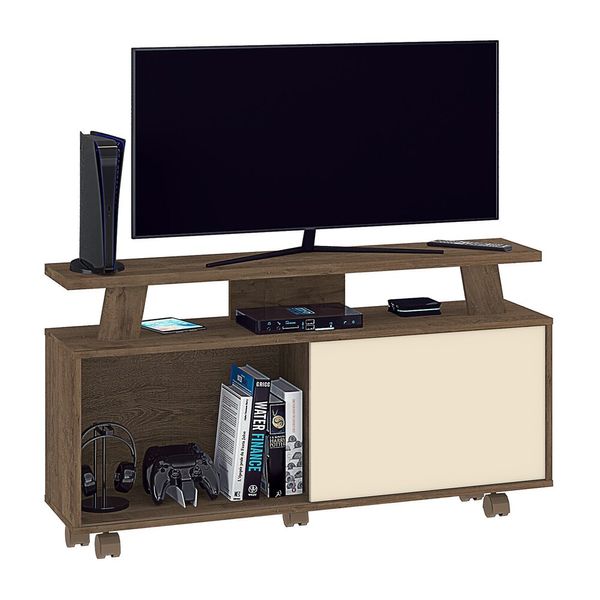 Rack TV até 55" com 1 Porta e Rodízios Multimóveis CR45217 Mocaccino Rústico/Natura Off White 3D