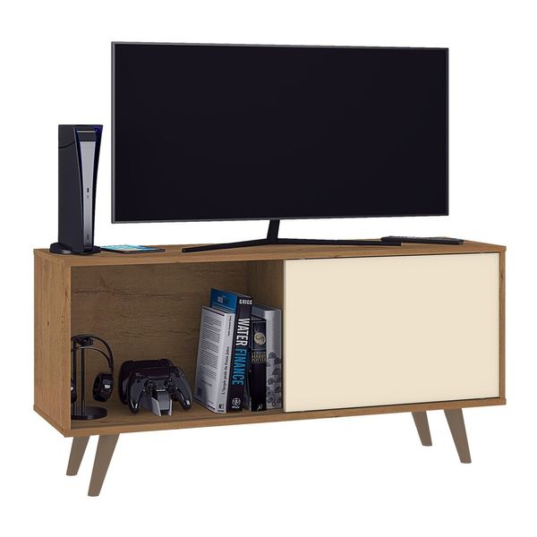 Rack TV até 55" com 1 Porta e Pés Retrô Multimóveis CR45218 Canelato Rústico 3D/Natura Off White