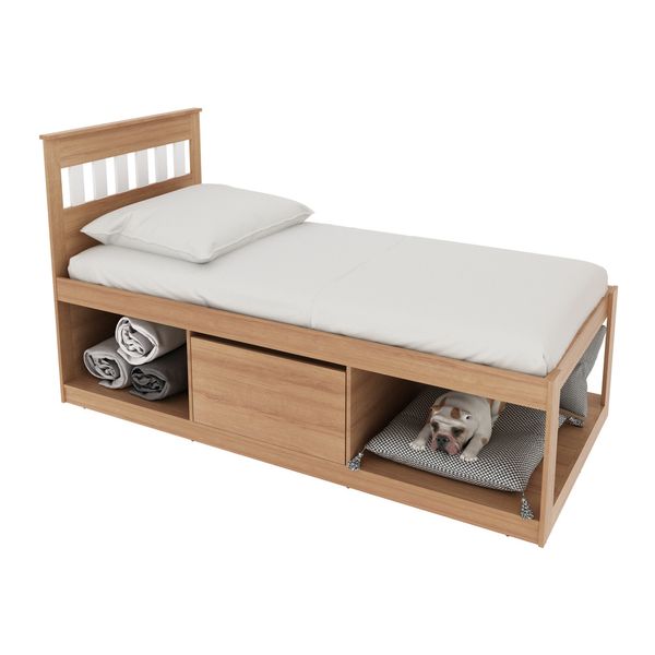 Cama Solteiro com 1 Porta e Nichos Espaço Pet Multimóveis CR40112 Amêndoa/Branco