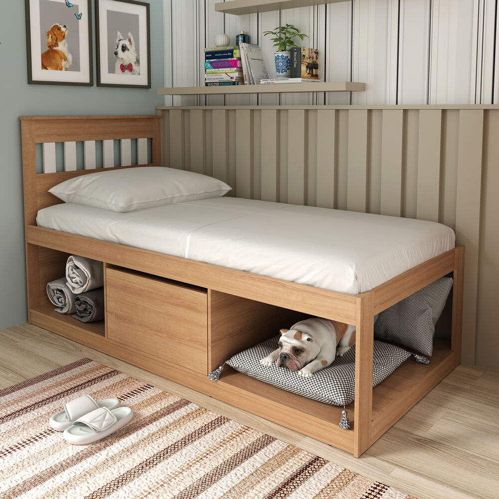 Cama Solteiro com 1 Porta e Nichos Espaço Pet Multimóveis CR40112  Amêndoa/Branco