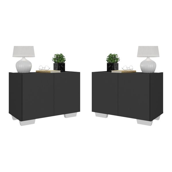 Kit 2 Mesas de Cabeceira 2 Portas e Pés Multimóveis MP4139 Preto/Branco
