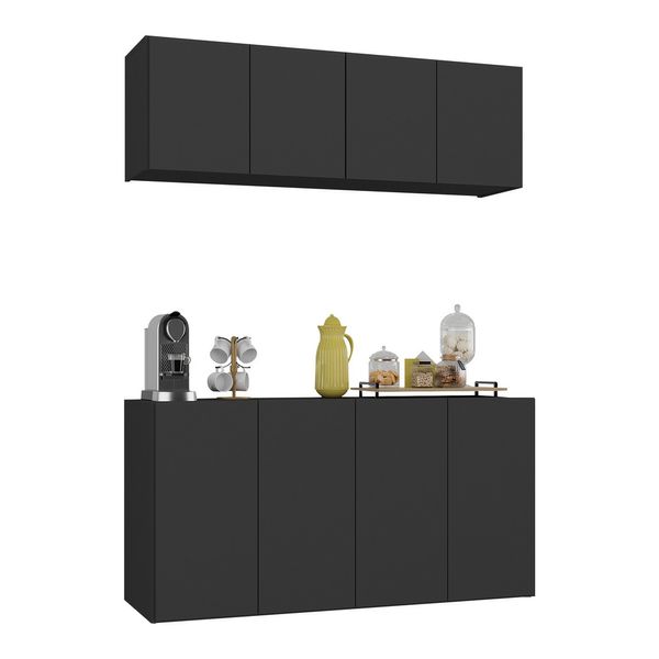 Kit Aparador Buffet com Armário Aéreo 4 Portas Cantinho do Café Multimóveis MP1074 Preto