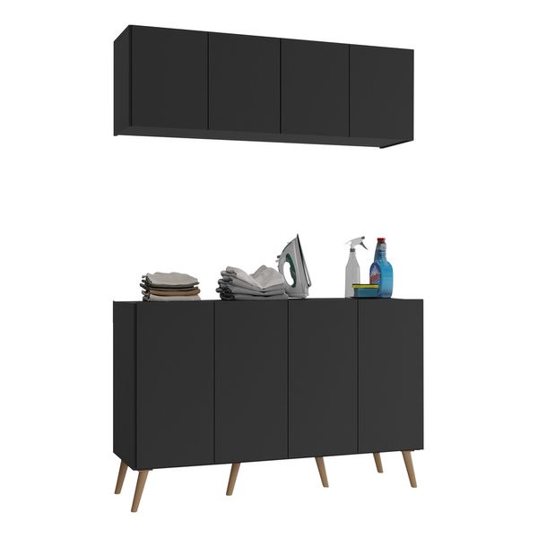 Conjunto Lavanderia Retrô Multiuso Armário Aéreo e Balcão 4 Portas Multimóveis MP5053 Preto/Natural
