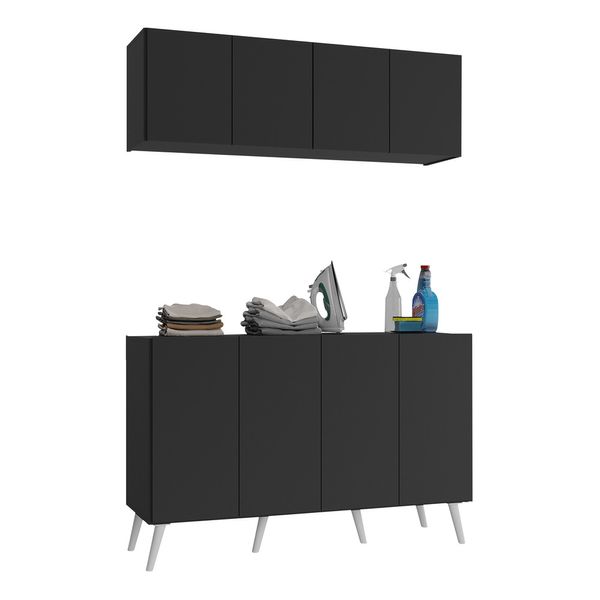 Conjunto Lavanderia Retrô Multiuso Armário Aéreo e Balcão 4 Portas Multimóveis MP5053 Preto/Branco