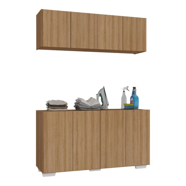 Conjunto Lavanderia Multiuso Armário Aéreo e Balcão 4 Portas Multimóveis MP5054 Rustic/Branco