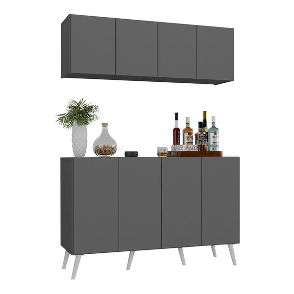 Kit Bar Armário Aéreo e Aparador 4 Portas Retrô Multimóveis MP1086 Grafite/Branco