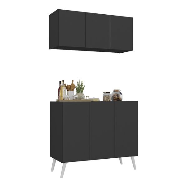 Kit Armário de Cozinha Aéreo e Balcão 3 Portas Retrô Multimóveis MP2168 Preto/Branco