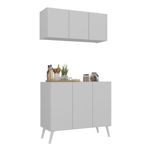Kit Armário de Cozinha Aéreo e Balcão 3 Portas Retrô Multimóveis MP2168 Branco