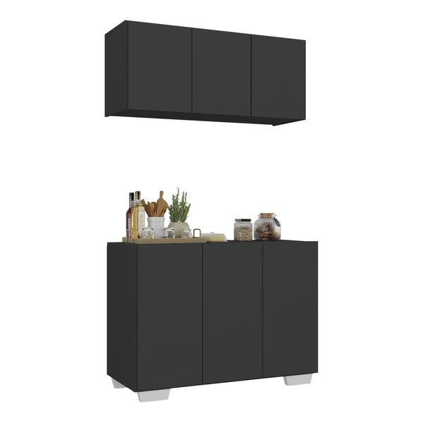 Kit Armário de Cozinha Aéreo e Balcão 3 Portas Multimóveis MP2169 Preto/Branco
