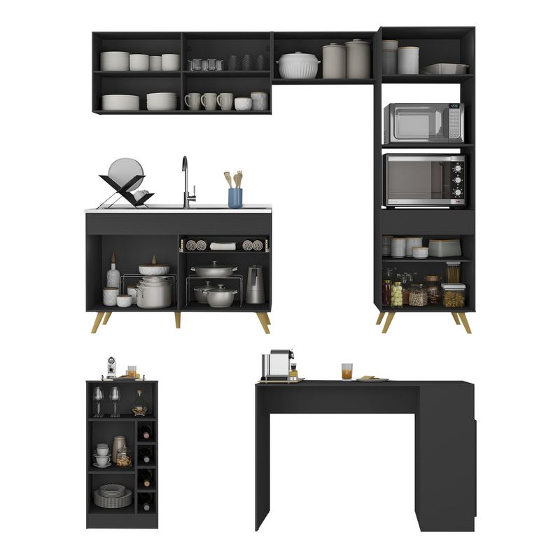 armario-de-cozinha-com-bancada-mesa-gourmet-veneza-multimoveis-mp2174-preto-dourado