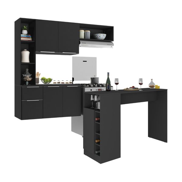 Armário de Cozinha com Bancada Americana/Mesa Gourmet Sofia Multimóveis MP2195 Preto