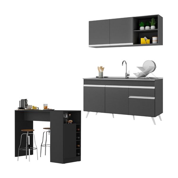 Armário de Cozinha Compacta com Bancada Americana Veneza Multimóveis MP2200 Preto/Branco