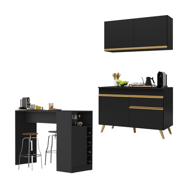 Cozinha Compacta com Bancada Americana 1 Porta Veneza Multimóveis MP2207 Preto/Dourado