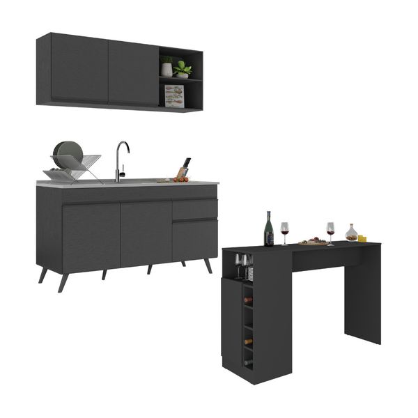 Armário de Cozinha Compacta com Mesa Gourmet Veneza Multimóveis MP2201 Preto