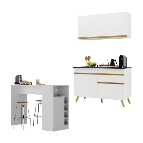 Cozinha Compacta com Bancada Americana 1 Porta Veneza Multimóveis MP2207 Branco/Dourado