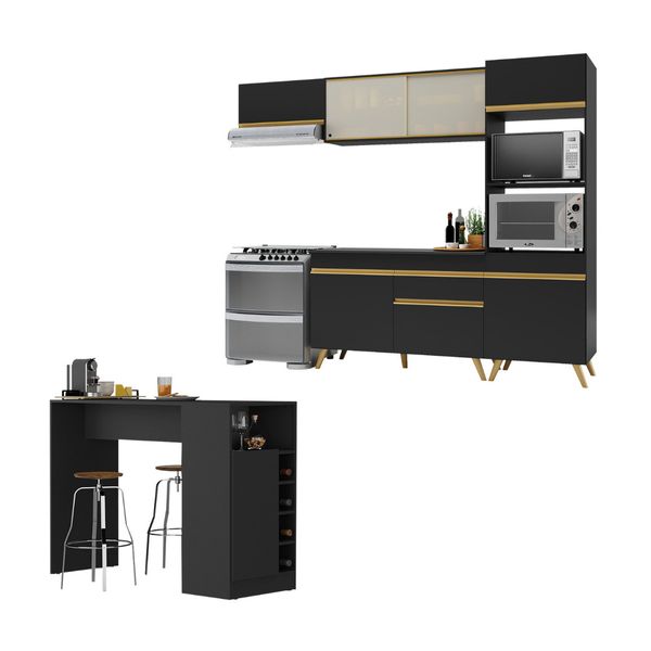 Cozinha Modulada com Bancada Americana Veneza Multimóveis MP2208 Preto/Dourado