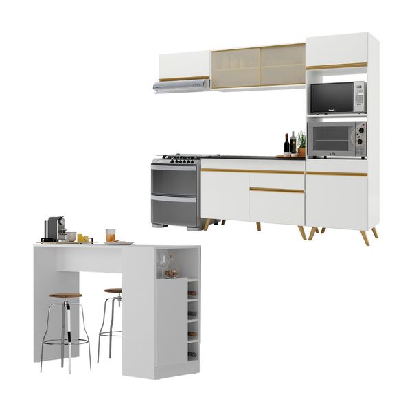 Cozinha Modulada com Bancada Americana Veneza Multimóveis MP2208 Branco/Dourado