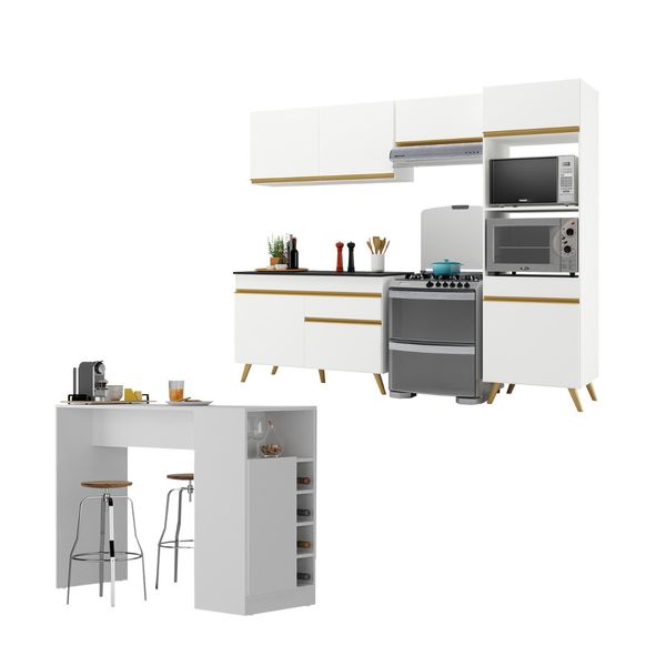 Armário de Cozinha Compacta com Mesa/Bancada Veneza Multimóveis MP2210 Branco/Dourado