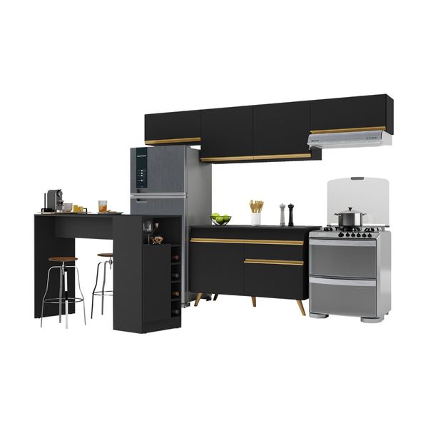 Armário de Cozinha Modulado com Bancada Veneza Multimóveis MP2212 Preto/Dourado