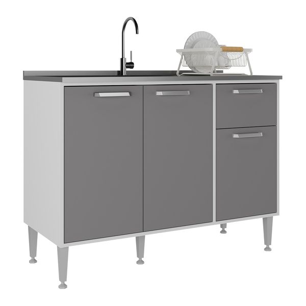 Balcão de Cozinha Gabinete Pia 105cm 3 Portas 1 Gaveta Siena Multimóveis MP2190 Branco/Lacca Fumê