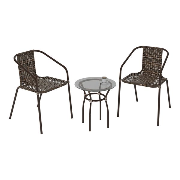 Conjunto para Jardim com Mesa de Centro Vidro 50cm e 2 Cadeiras Junco Sintético Multimóveis CR8007 Café Mesclado