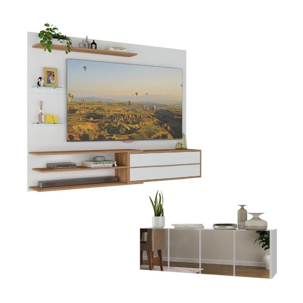 Painel com Suporte para TV até 65 Polegadas com Aparador 4 Portas com Espelho Multimóveis MP1089 Rustic/Branco