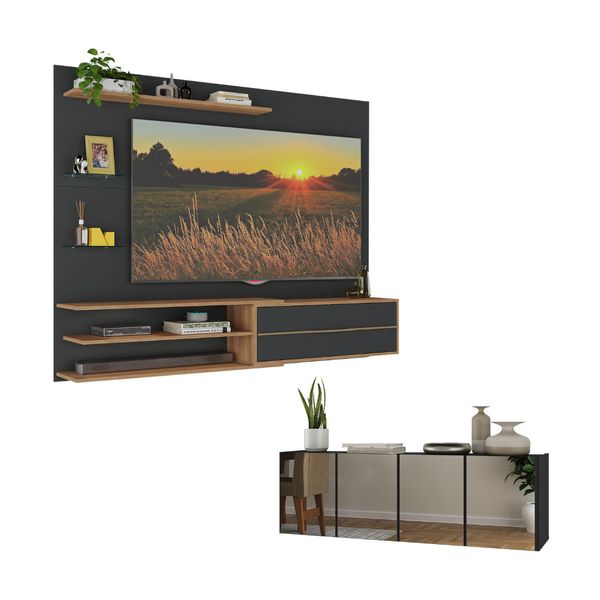 Painel com Suporte para TV até 65 Polegadas com Aparador 4 Portas com Espelho Multimóveis MP1089 Rustic/Preto