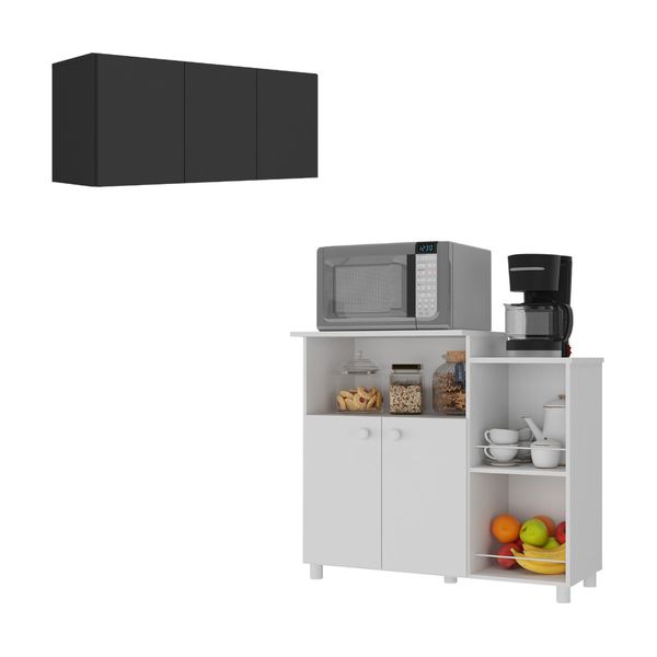 Kit Armário de Cozinha 3 Portas com Balcão Multiuso/Fruteira Multimóveis MP2237 Branco/Preto
