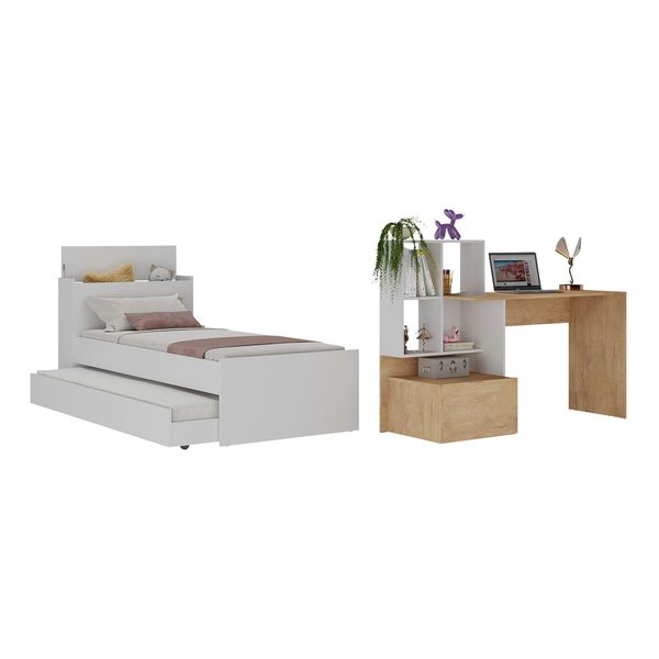 Conjunto Quarto Bicama com Colchão e Baú/Escrivaninha Multimóveis MP4224 Branco/Rustic