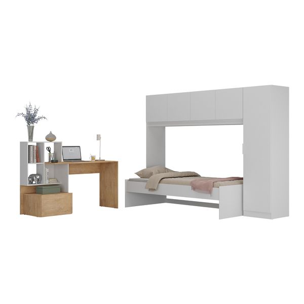 Conjunto Quarto Cama Solteiro com Colchão/Guarda-Roupas/Escrivaninha Multimóveis MP4225 Branco/Rustic