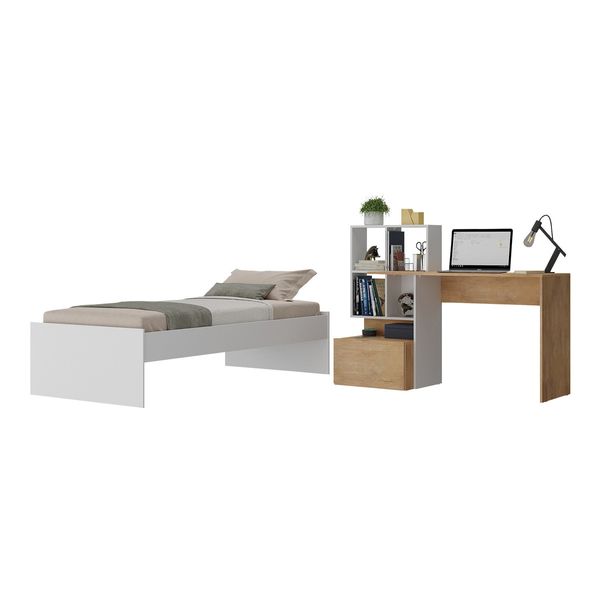 Conjunto Quarto Cama Solteiro com Colchão/Escrivaninha Multimóveis MP4226 Branco/Rustic